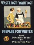 Waste Not, Want Not. Prepare for Winter. WWI Poster.