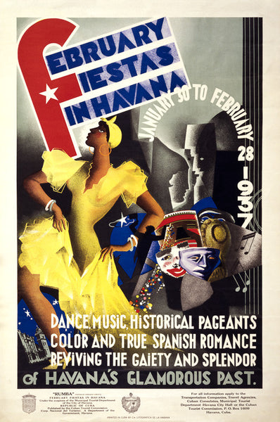 February Fiestas in Havana Vintage Travel Poster