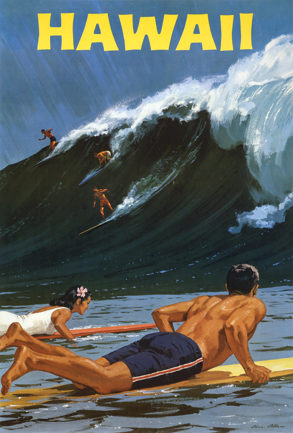 HAWAÏ, SURF, 1950s, REPRO TRAVEL POSTER, VINTAG HAWAÏ, SURF, 1950s, REPRO TRAVEL POSTER, VINTAG