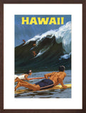 Vintage Hawaii Surfing Poster in brown frame