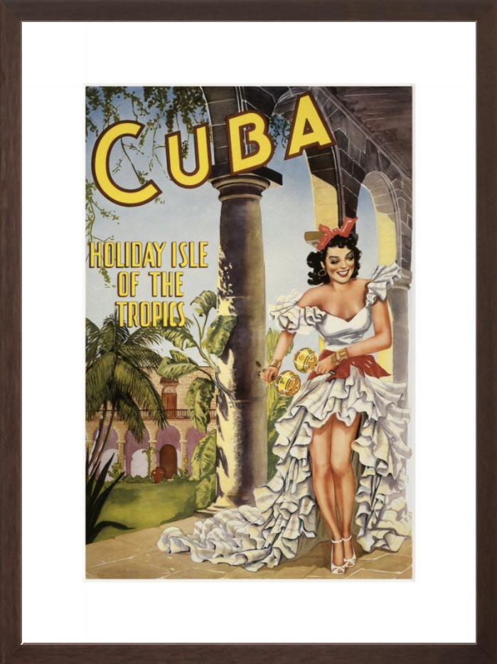 Cuba, Holiday Isle of the Tropics vintage travel poster in brown frame