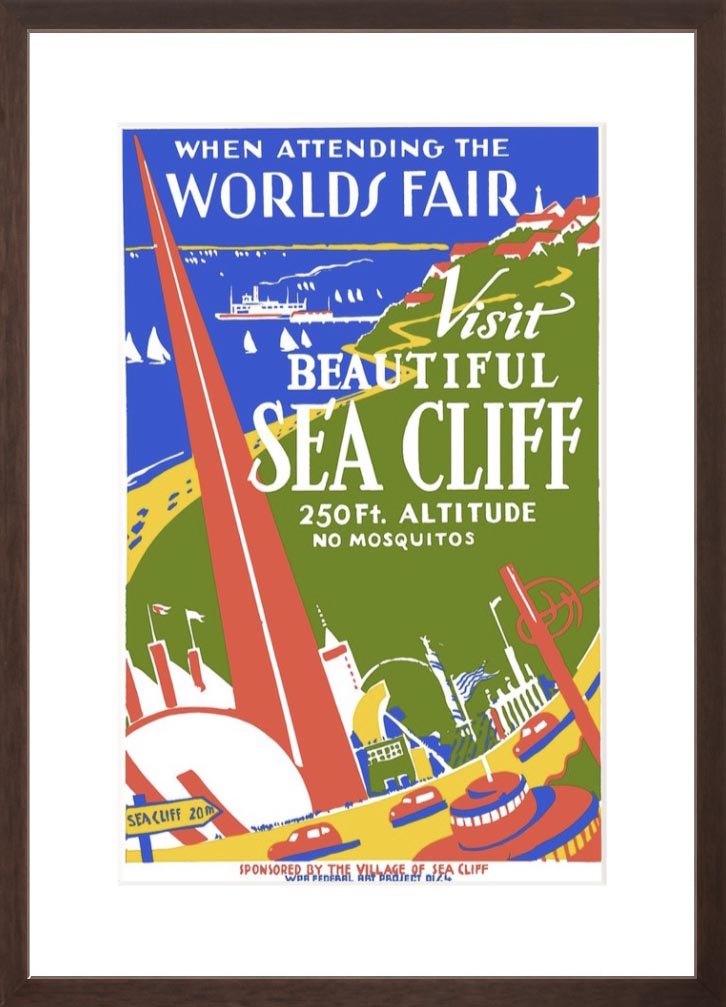1939 Worlds Fair: Visit Beautiful Sea Cliff Vintage Travel Poster brown frame