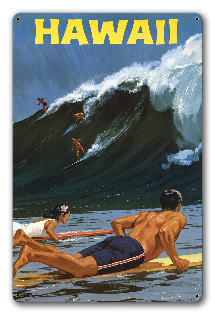 Vintage Hawaii Surfing Poster on Aluminum