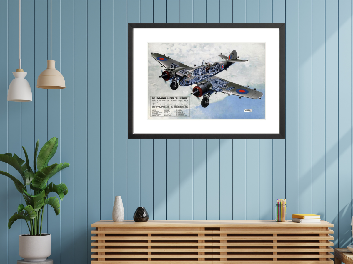 Long-Range Bristol "Beaufighter" Cutaway poster framed on wall