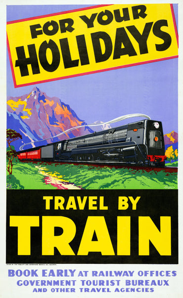 For Your Holidays Travel by Train Vintage Travel Poster