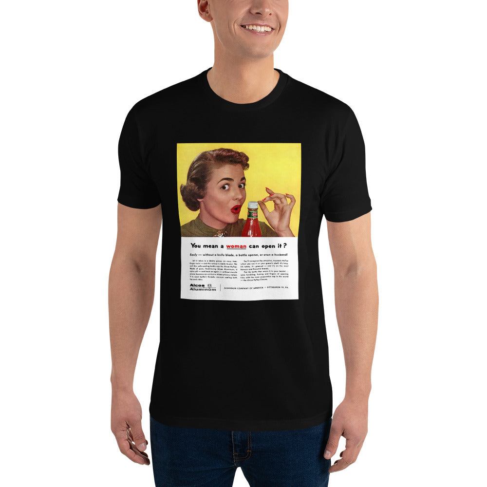 You Mean a Woman Can Open It? (Ad Copy) men's t-shirt black