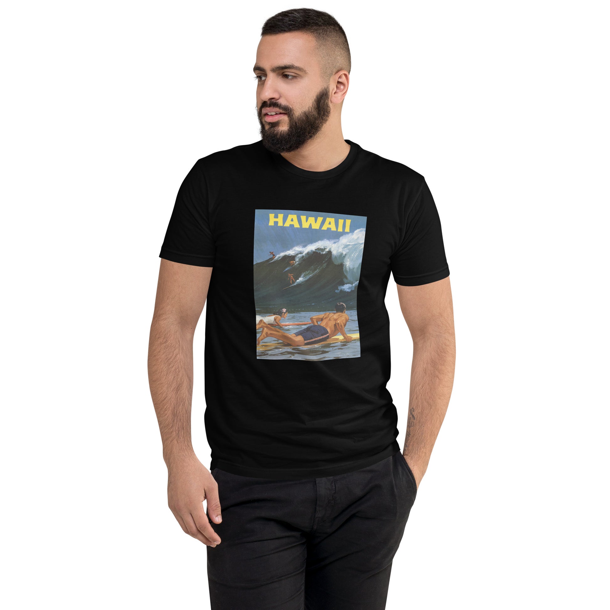 Vintage Hawaii Surfing Poster on black men's t-shirt