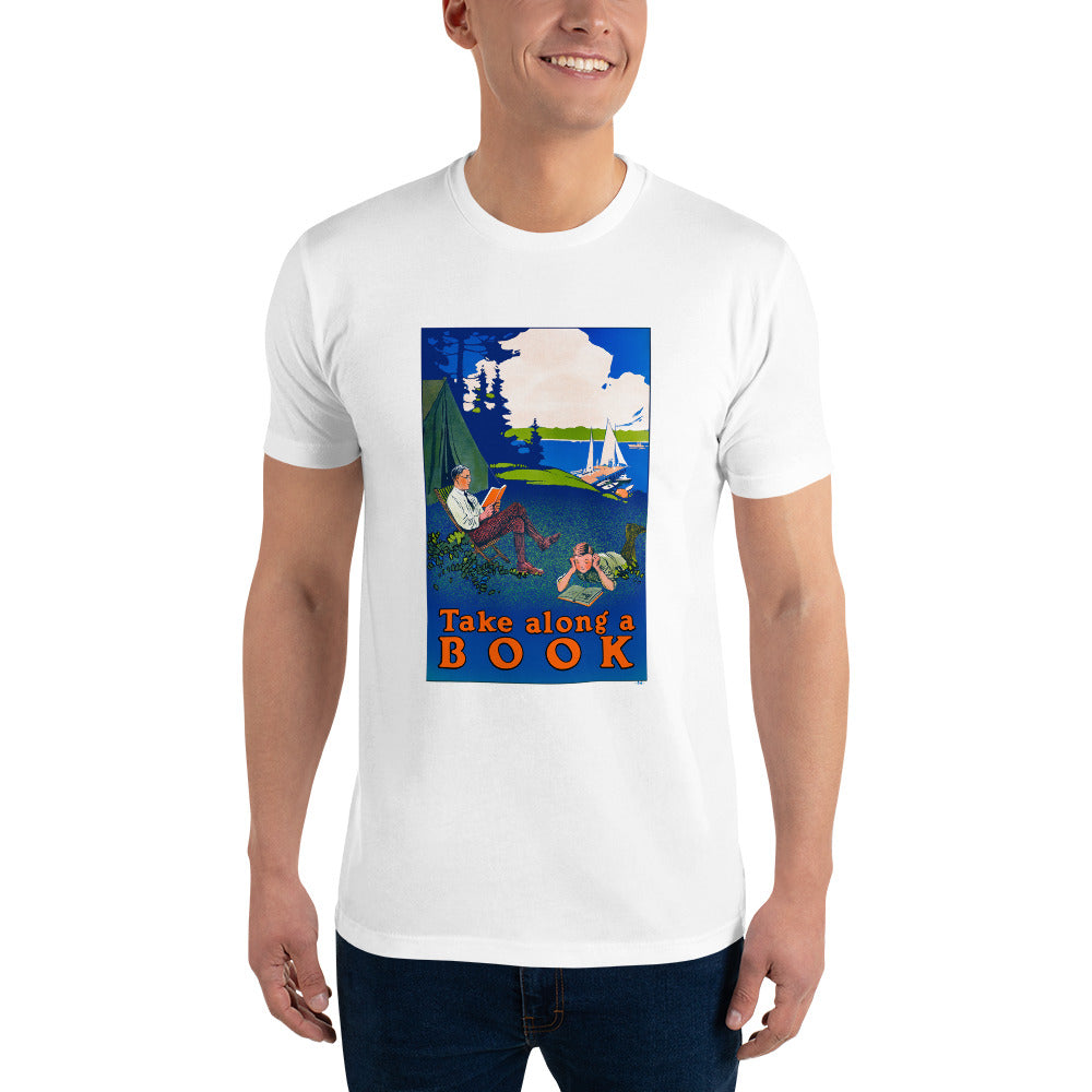 Take Along a Book poster on men's white t-shirt