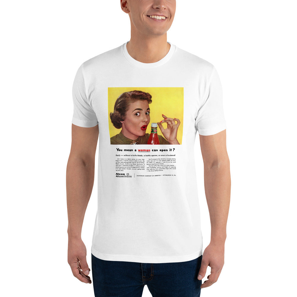 You Mean a Woman Can Open It? (Ad Copy) men's t-shirt white