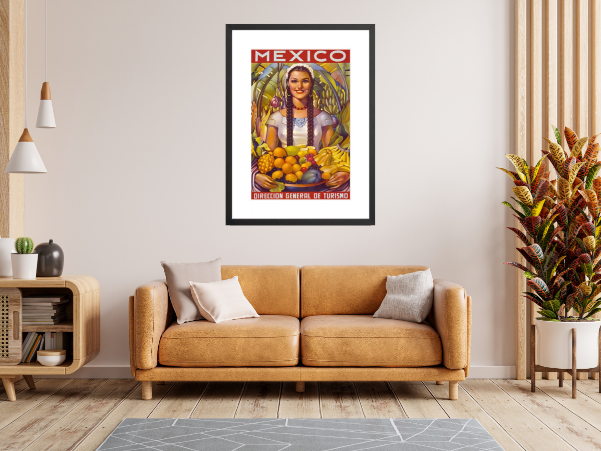 Mexico Vintage Travel Poster woman holding fruit framed on wall
