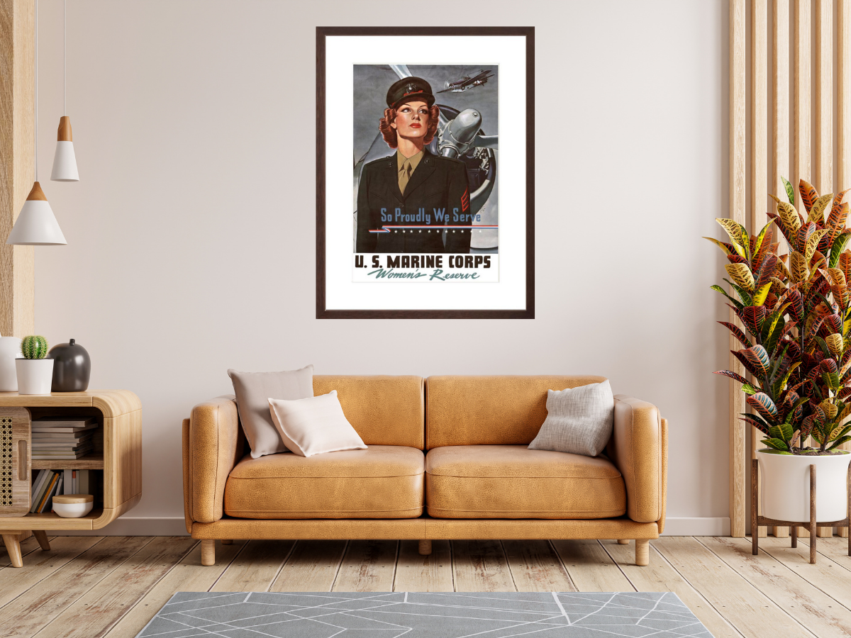 So Proudly We Serve poster framed on wall