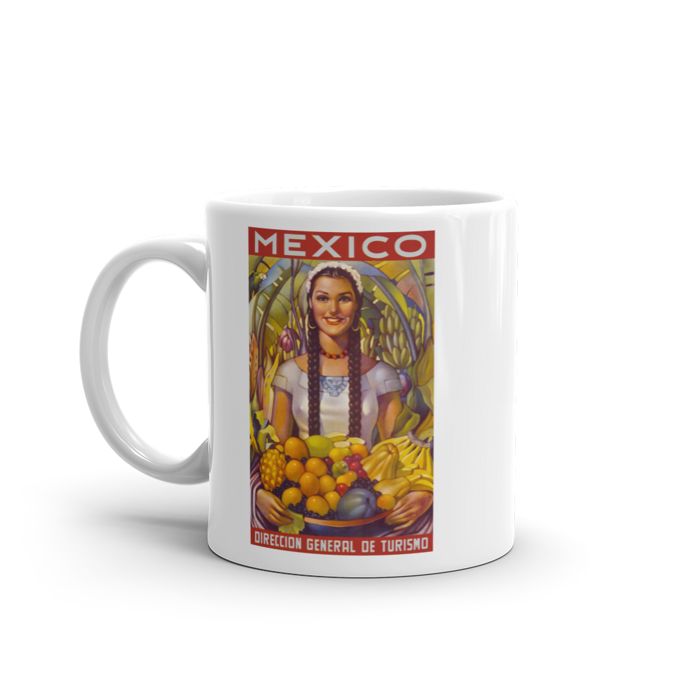 Mexico Vintage Travel Poster woman holding fruit coffee mug
