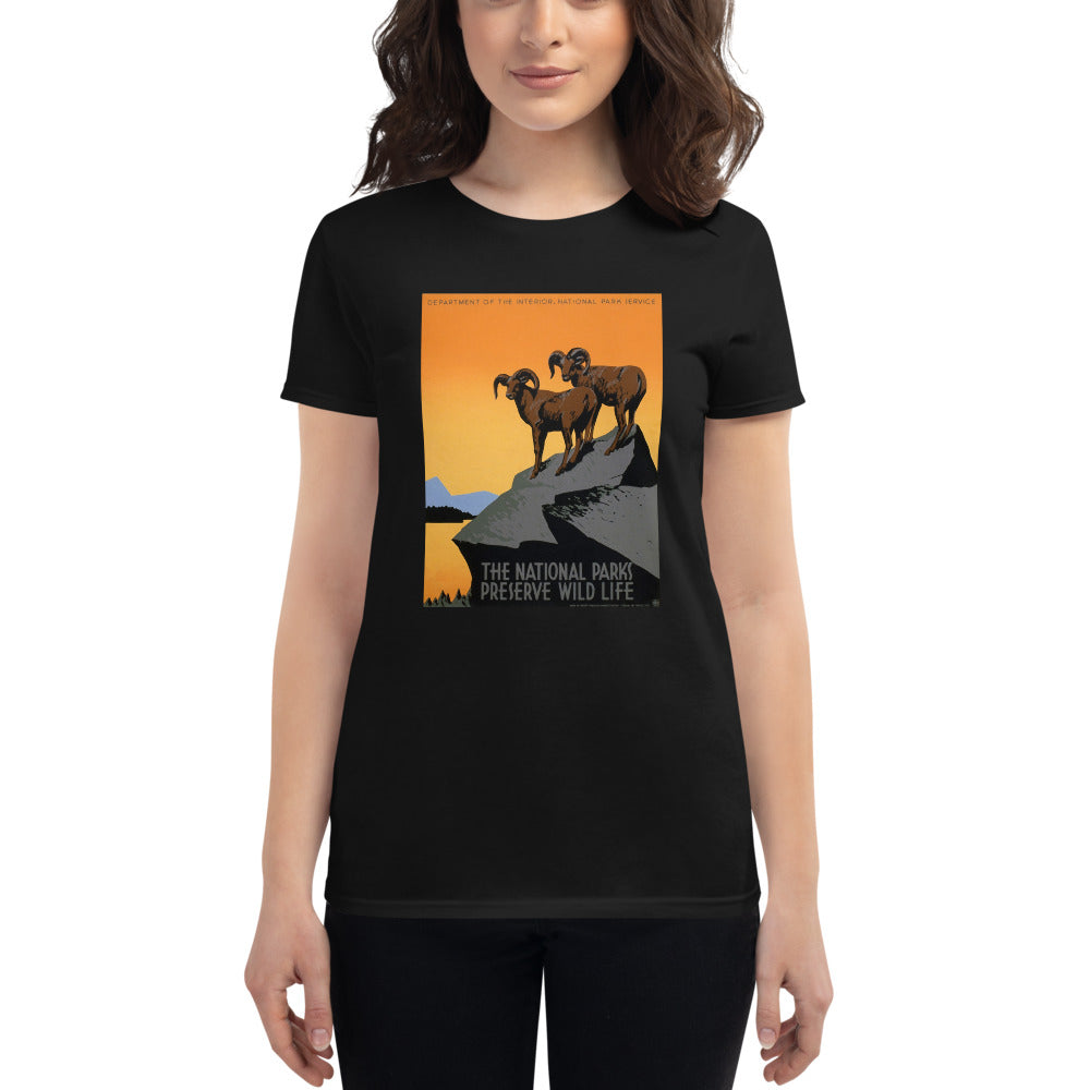 National Parks Preserve Wild Life Big Horn Sheep women's t-shirt black