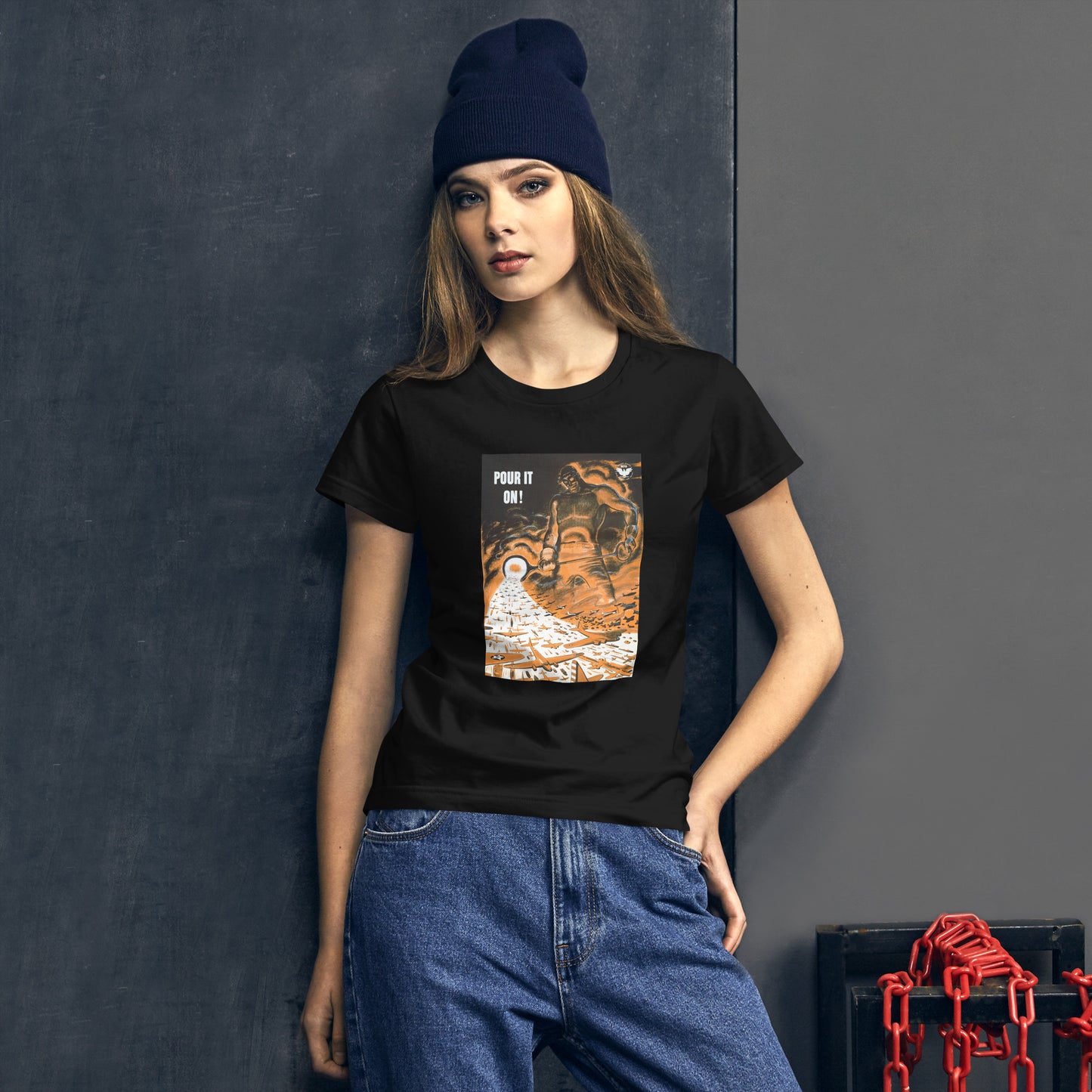 Pour It On! WWII poster women's black t-shirt