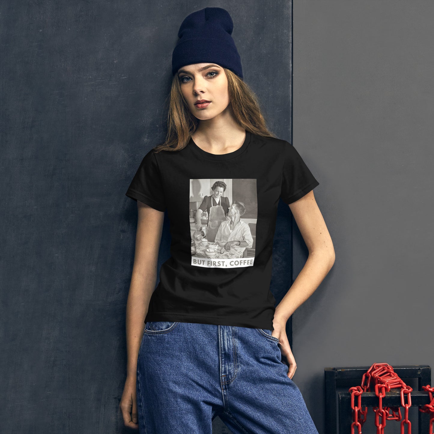 But First, Coffee poster women's black t-shirt