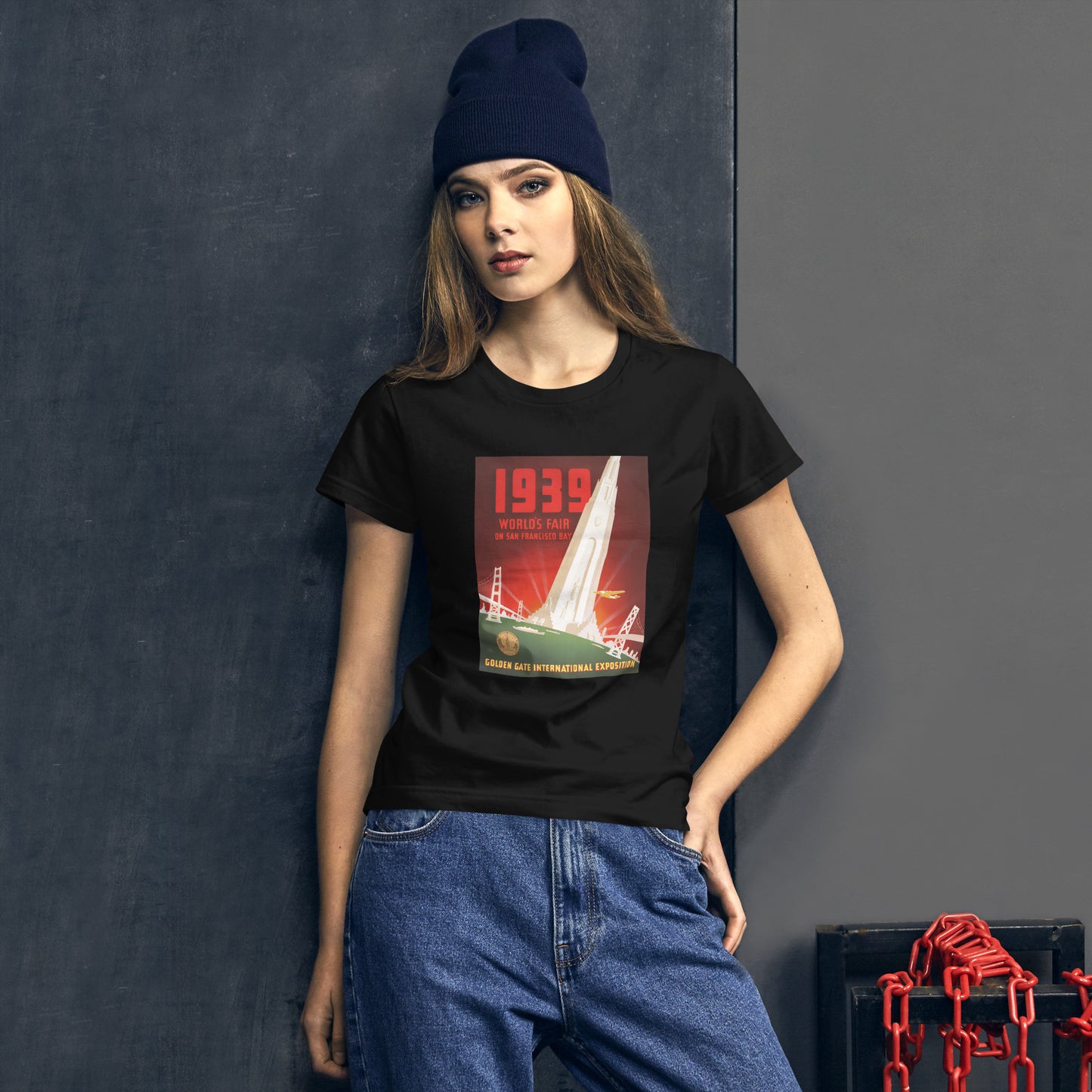 1939 World's Fair on San Francisco Bay poster women's black t-shirt