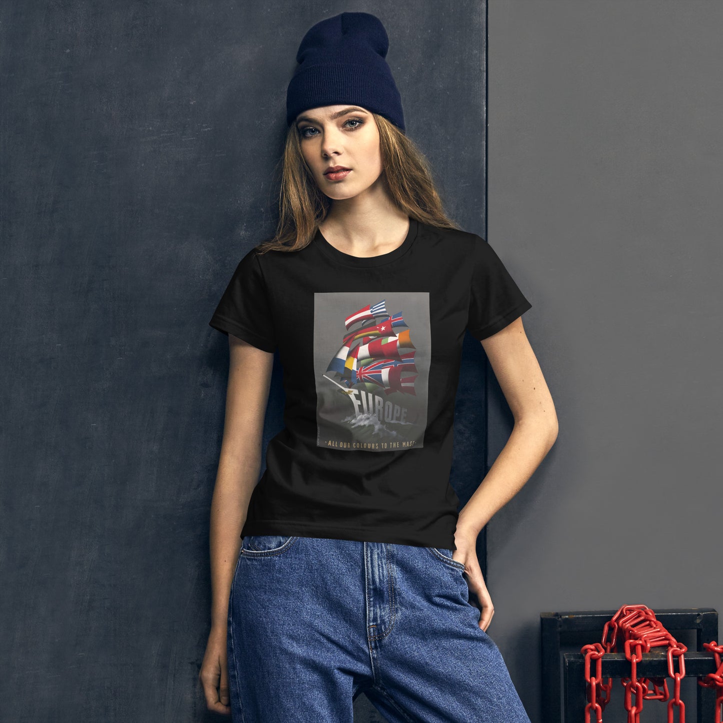 Europe: All Our Colours to the Mast poster women's black t-shirt