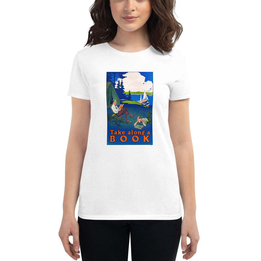 Take Along a Book poster on women's white t-shirt