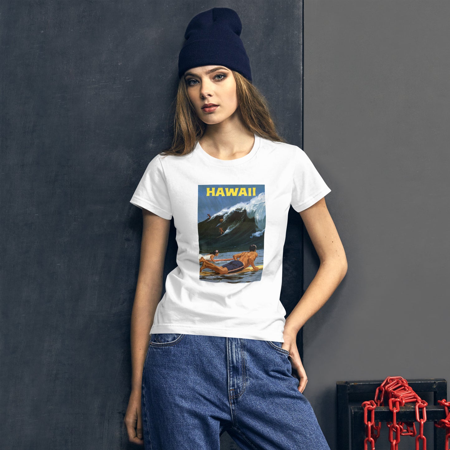 Vintage Hawaii Surfing Poster on white women's t-shirt