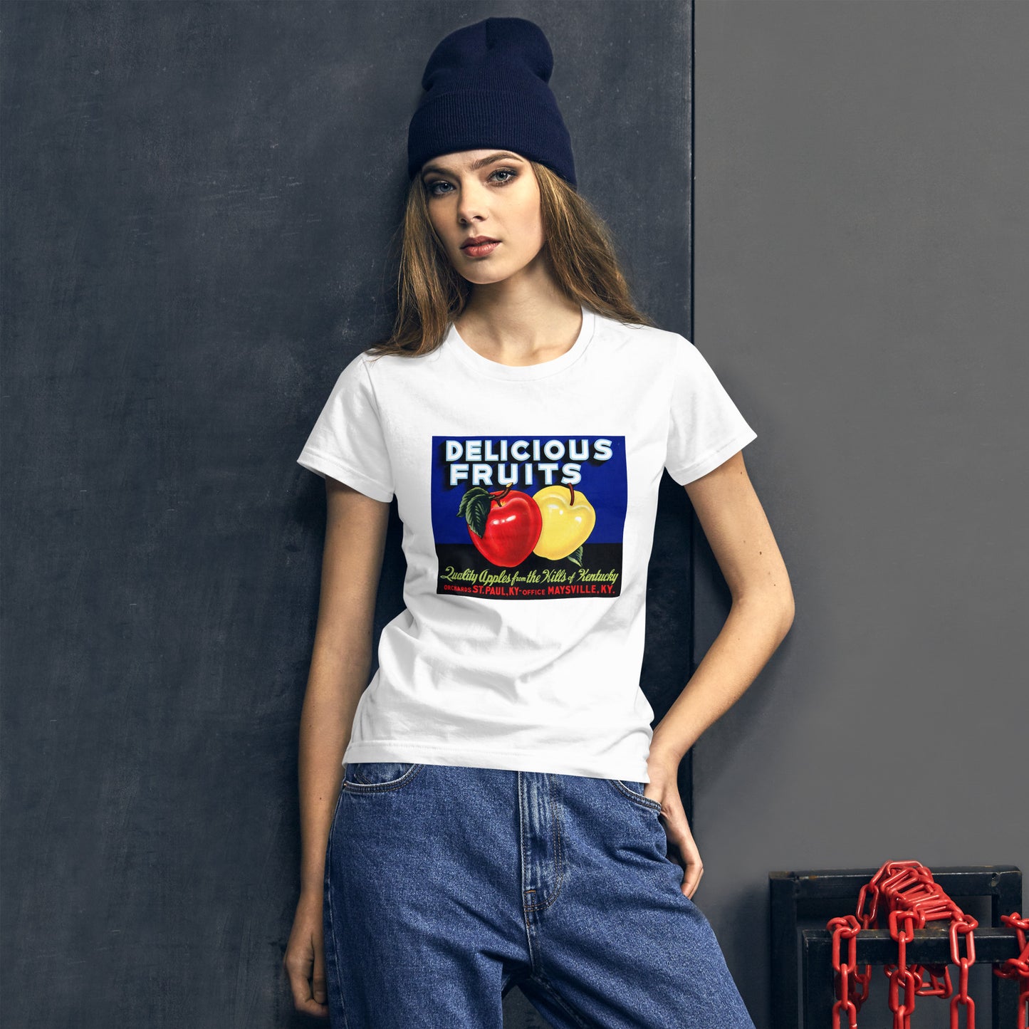 Delicious Fruits Quality Apples Crate Label women's white t-shirt