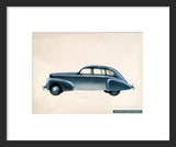 Industrial design drawing of a blue car framed