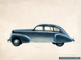 Industrial design drawing of a blue car