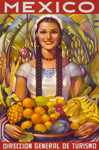 Mexico Vintage Travel Poster woman holding fruit