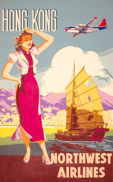Hong Kong Northwest Airlines Vintage Travel Poster