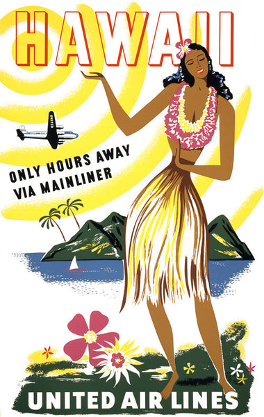 Hawaii: Only Hours Away Via Mainliner Vintage Travel Poster