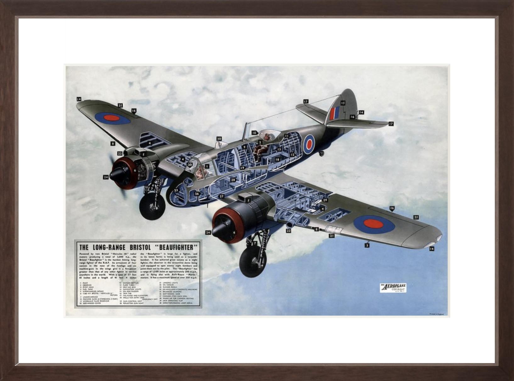 Long-Range Bristol "Beaufighter" Cutaway poster brown frame