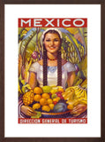Mexico Vintage Travel Poster woman holding fruit brown frame