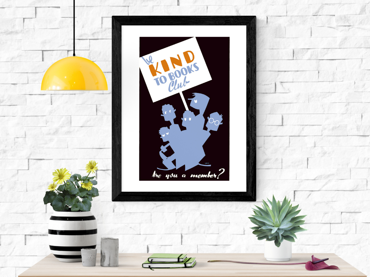 Be Kind to Books Club framed poster on wall