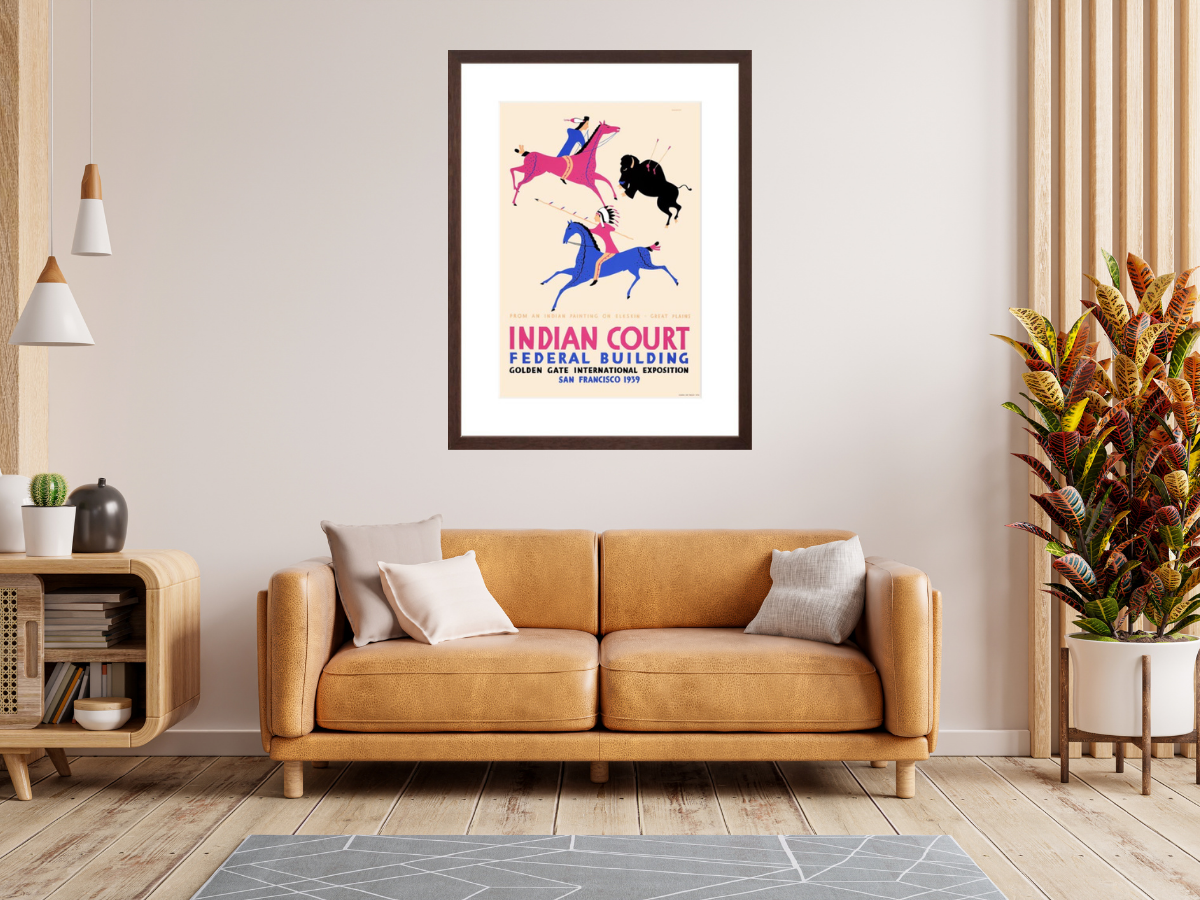 Indian Court Buffalo Hunt poster framed on wall