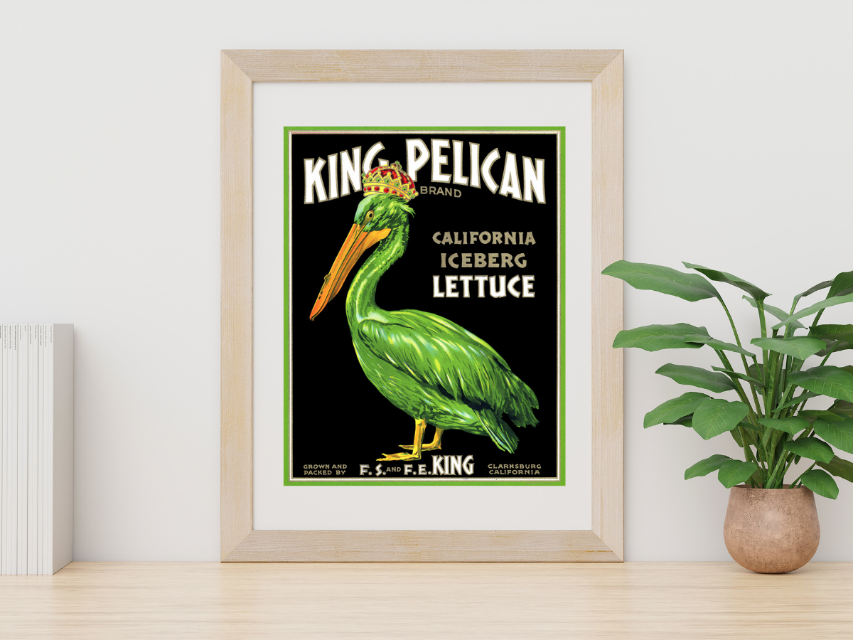 King Pelican Iceberg Lettuce fruit crate label framed in room on table