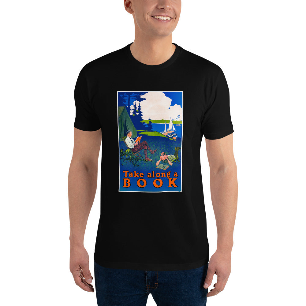 Take Along a Book poster on men's black t-shirt
