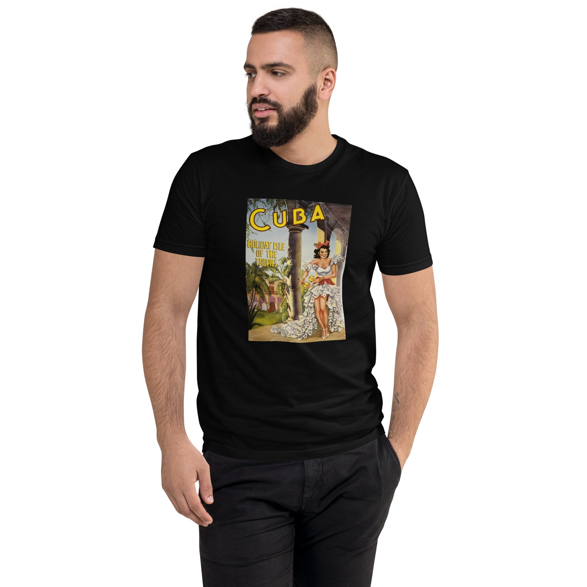 Cuba, Holiday Isle of the Tropics vintage travel poster men's black t-shirt