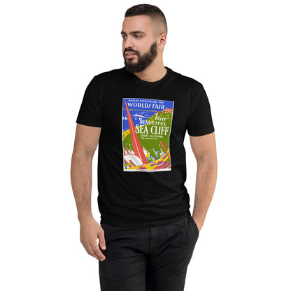 1939 Worlds Fair: Visit Beautiful Sea Cliff Vintage Travel Poster men's black t-shirt