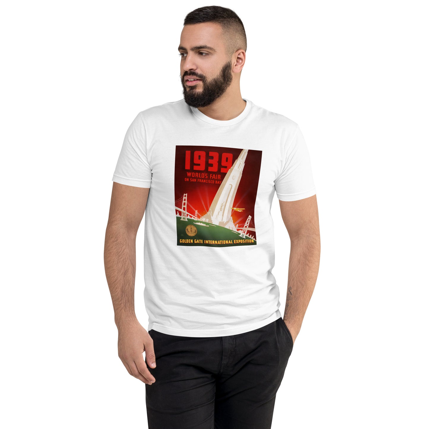 1939 World's Fair on San Francisco Bay poster men's white t-shirt