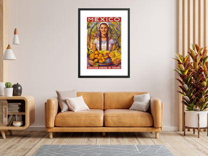 Mexico Vintage Travel Poster woman holding fruit framed on wall