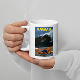 Vintage Hawaii Surfing Poster on coffee mug in woman's hands