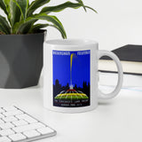 Buckingham Fountain poster coffee mug on desk