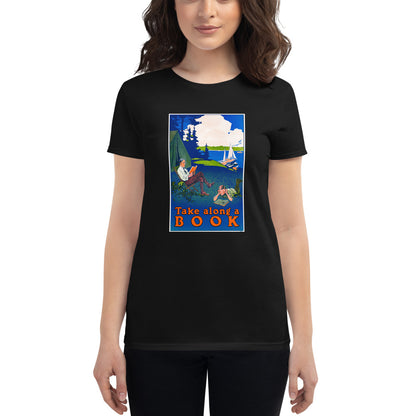 Take Along a Book poster on women's black t-shirt