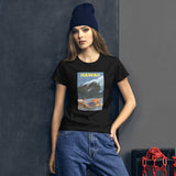 Vintage Hawaii Surfing Poster on black women's t-shirt