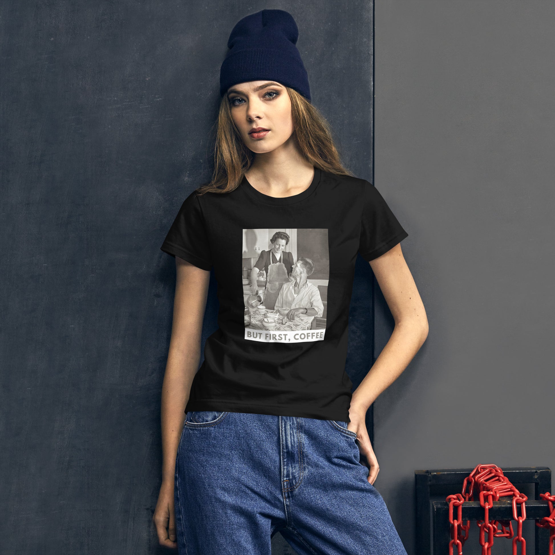 But First, Coffee poster women's black t-shirt