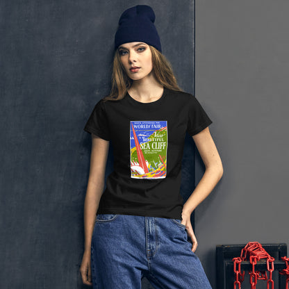 1939 Worlds Fair: Visit Beautiful Sea Cliff Vintage Travel Poster women's black t-shirt