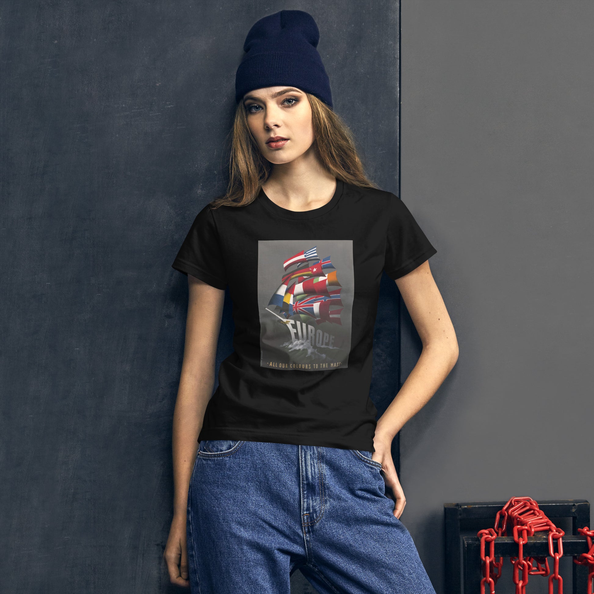 Europe: All Our Colours to the Mast poster women's black t-shirt