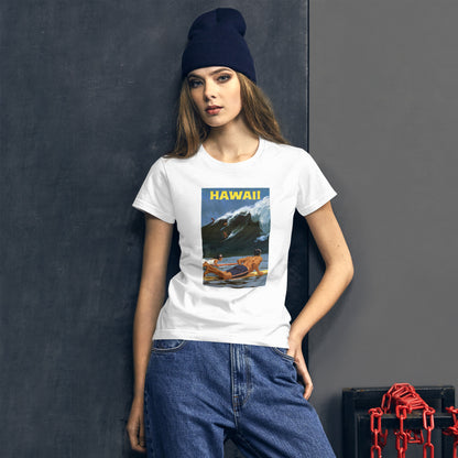 Vintage Hawaii Surfing Poster on white women's t-shirt
